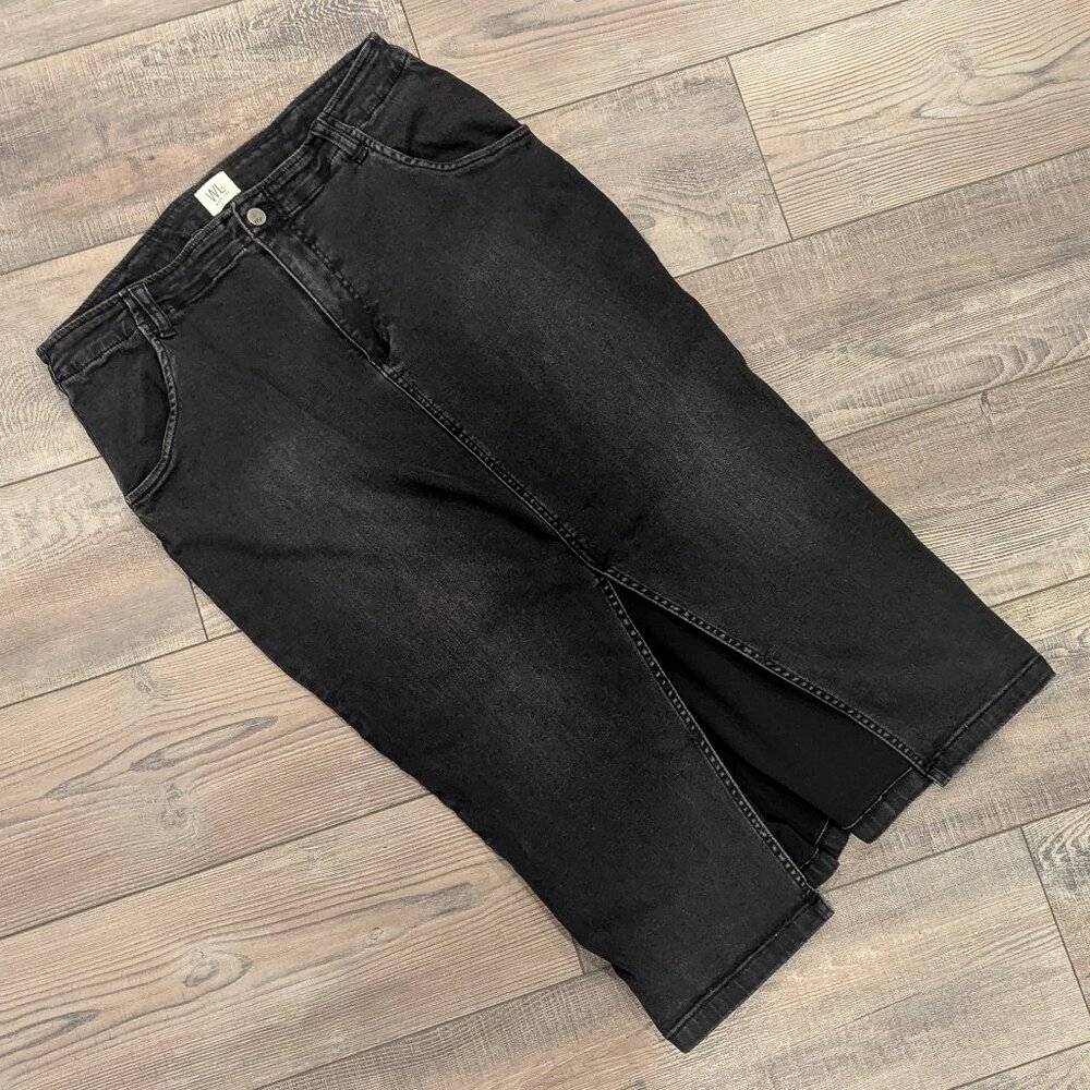 Wash Lab Women's Black Dark Denim Midi Pencil Skirt Slit Comfy Cotton Blend 31
